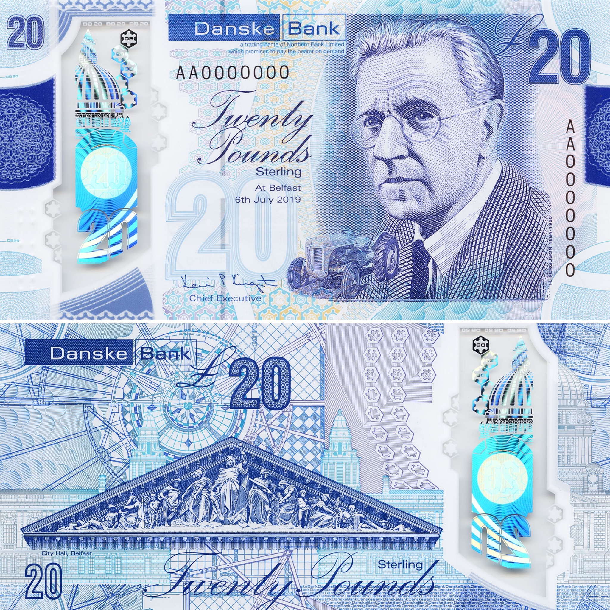 Image showing the front and back of the new Danske Bank £20 polymer note. The note has purple and blue hues, with a portrait of Harry Ferguson on the front with a small tractor and some close ups of Belfast City Hall on the back. 